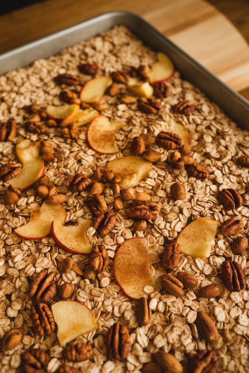 Warm indoor shot of a large sheet pan filled with toasted oats, dried apple pieces, and nuts, cinnamon dust visible. No text or logos.