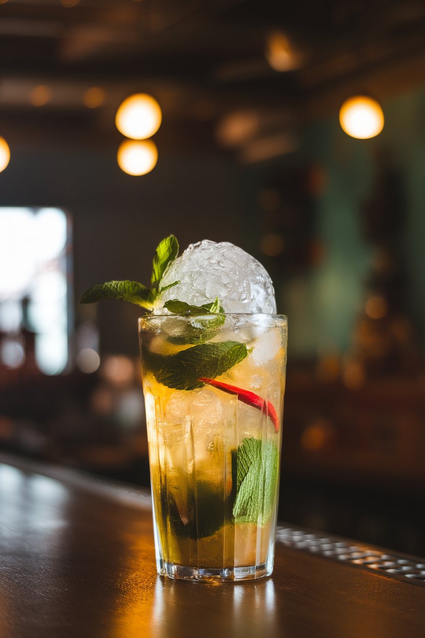 Photo of a tall glass indoors containing golden mojito, visible mint leaves and chili slices, crushed ice dome, Caribbean-style bar lighting, no text or logos
