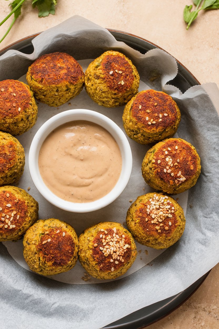Indoor photo of a parchment-lined tray of baked falafel balls, golden brown, next to a bowl of tahini sauce. No text or logos present.