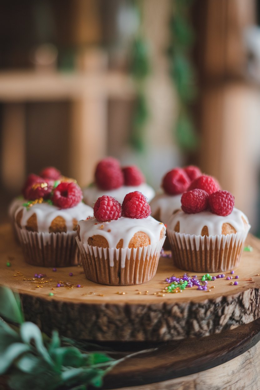 Photo of cupcakes topped with white glaze and fresh raspberry, purple-green-gold sprinkles scattered around, indoor, no text or logos