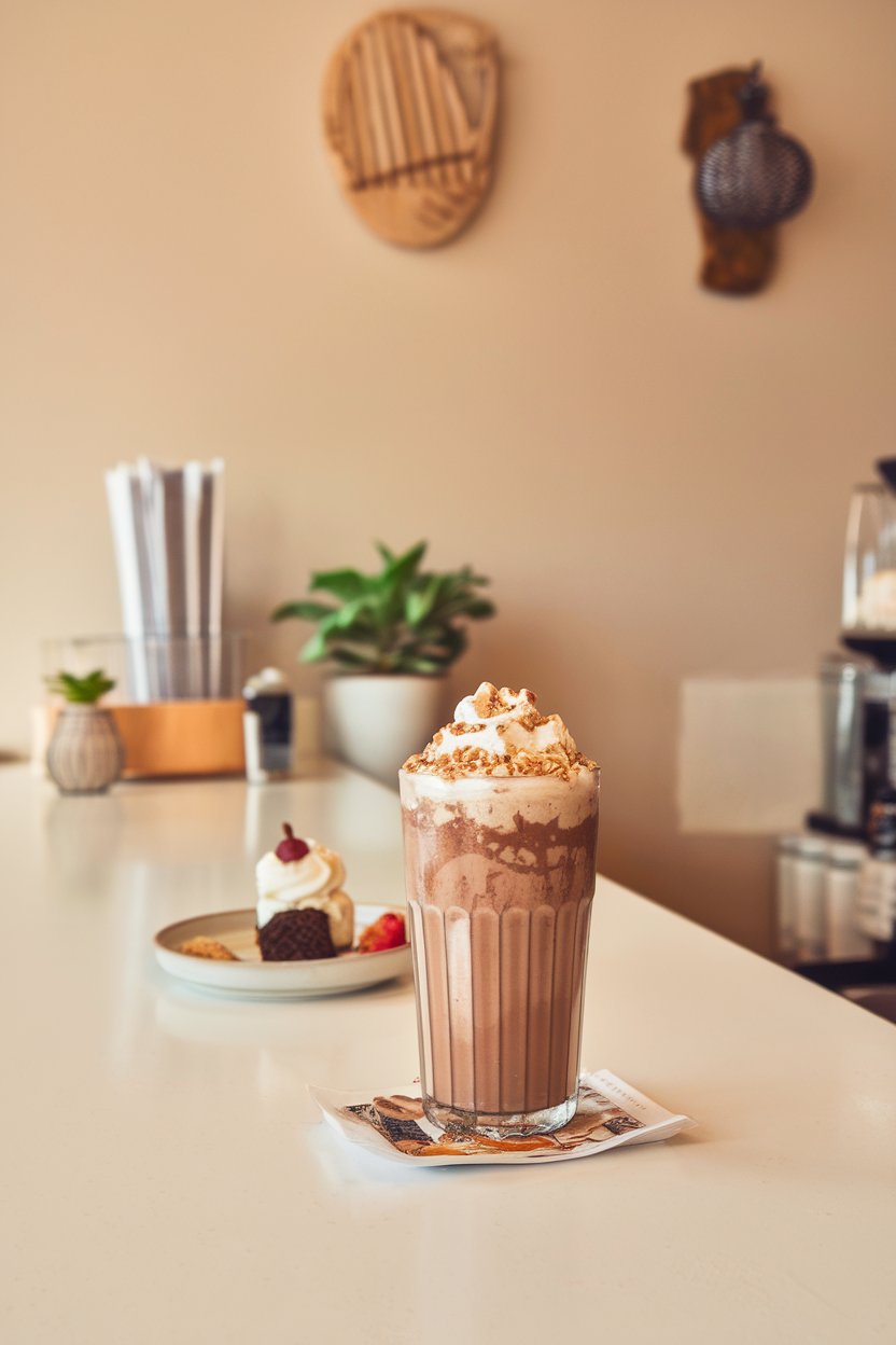 An indoor café counter with tall glass of blended chocolate drink, hazelnut crumbs, whipped cream dollop; photo, not illustration; no text or logos.