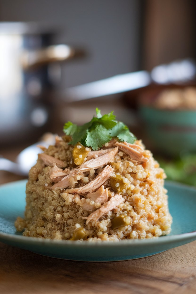 Indoor plate holding a mound of quinoa mixed with shredded chicken and green chiles, cilantro garnish. No text or logos in view.
