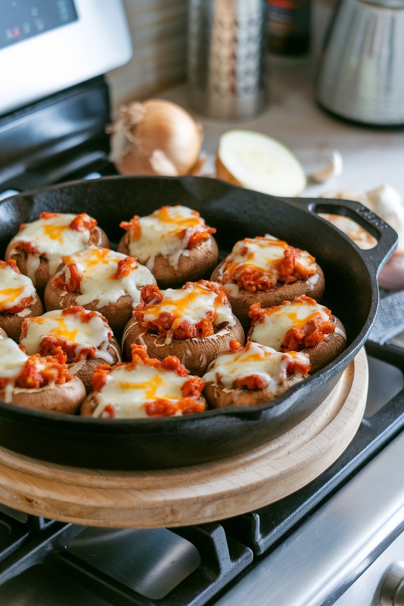 A cast-iron skillet on an indoor stove filled with button mushrooms stuffed with spicy chorizo and melted cheese; no text or branding.