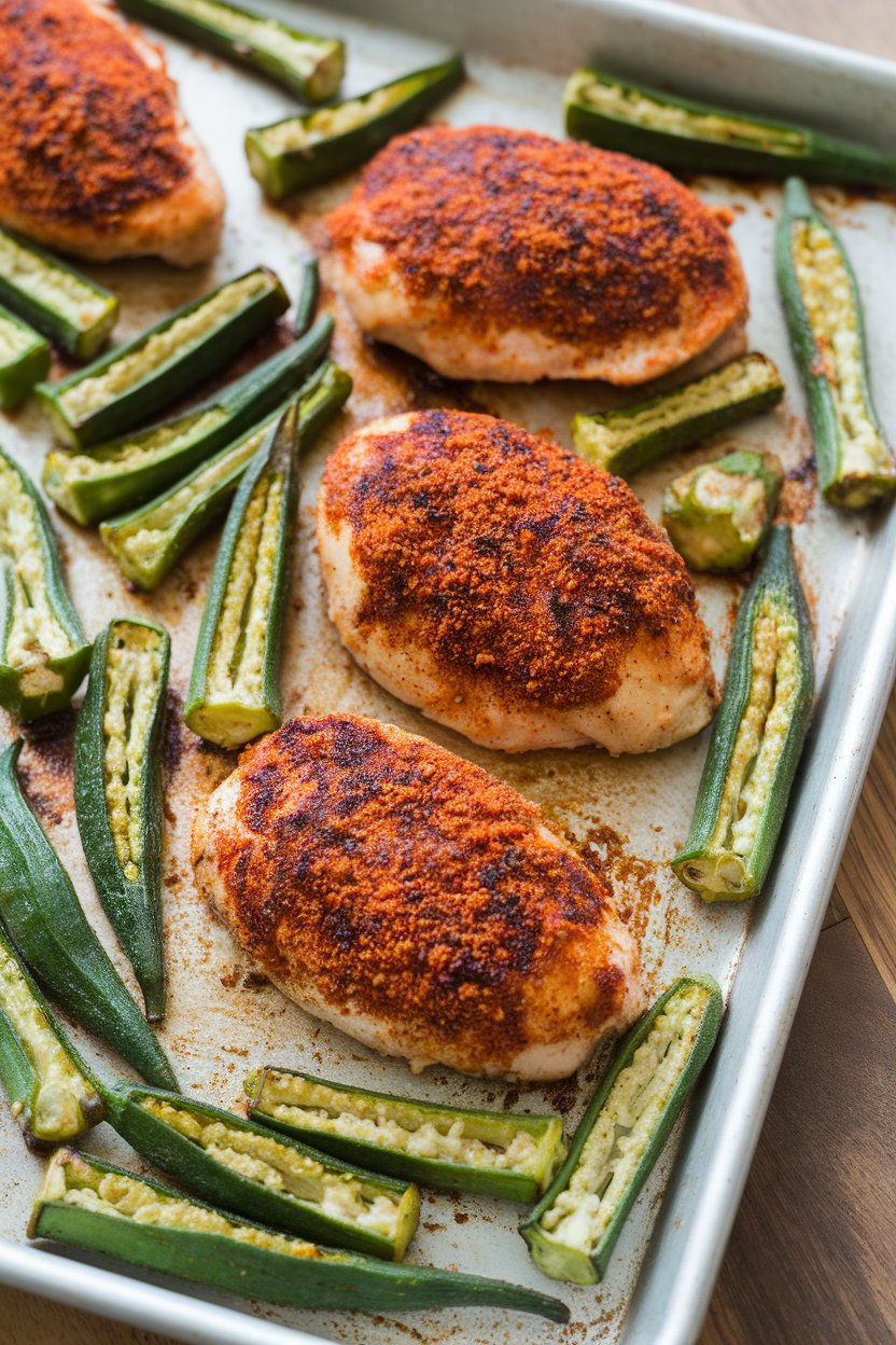 Indoor photo of sheet-pan chicken breasts coated in spicy Cajun rub, roasted okra pods scattered throughout, slight char spots visible. No text or logos.
