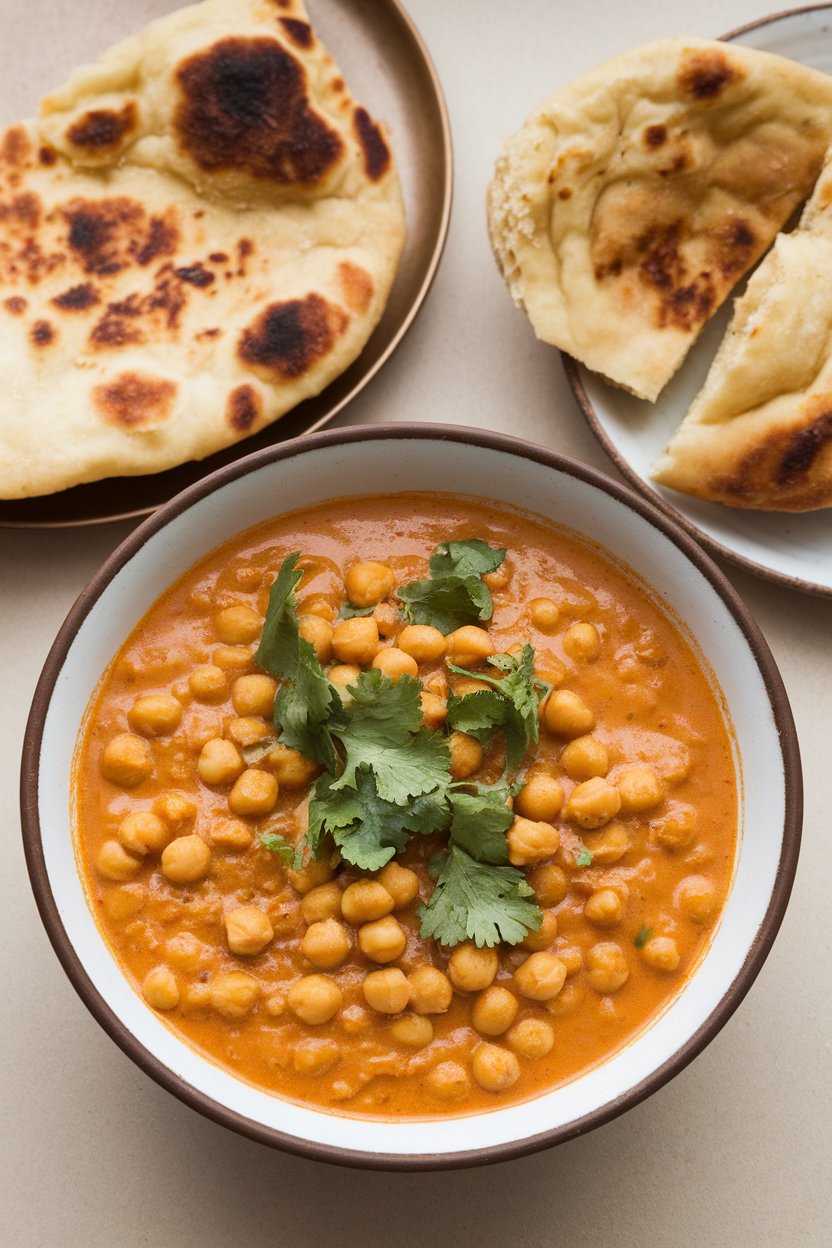 Indoor shot of a bowl of creamy chickpea masala garnished with fresh cilantro, naan slice to the side. No text or logos visible.