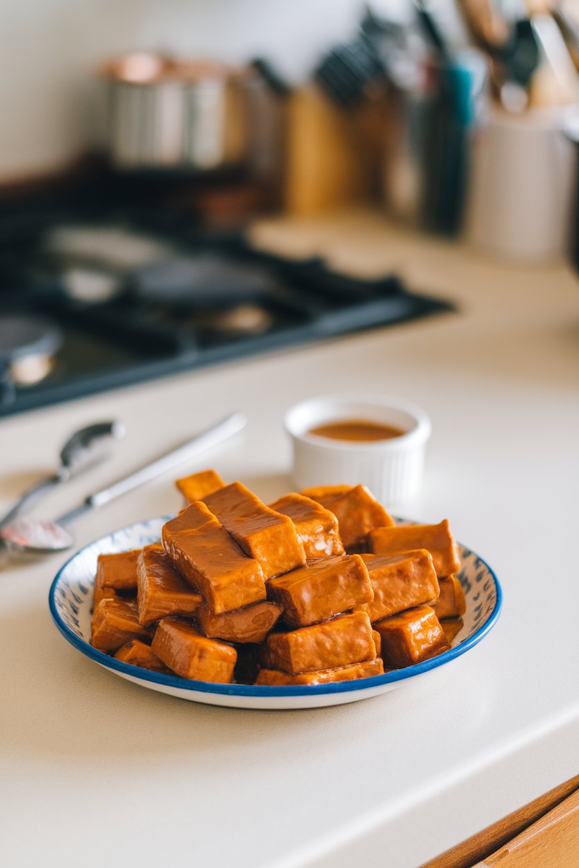 Photo prompt: Kitchen countertop scene with tofu strips coated in shiny honey-mustard glaze, a small ramekin of sauce in the background. No text or logos.