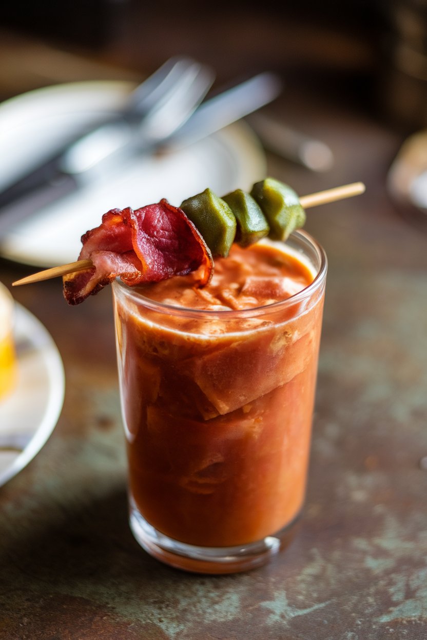 Photo of a pint glass indoors filled with rich tomato-beef cocktail, skewered bacon and okra garnish, rustic brunch table, no text or logos