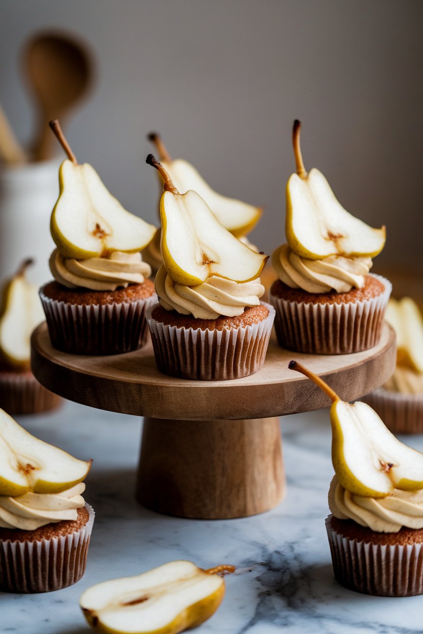Photo of cupcakes topped with caramelized pear slice and browned butter frosting, indoor, no text or logos