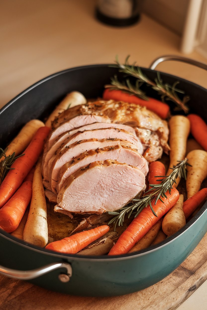 Indoor roasting dish with sliced turkey breast surrounded by carrots and parsnips, sprinkled with rosemary; no text or logos; photo.