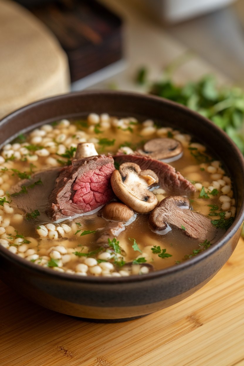 Indoor soup scene with a bowl of beef, mushrooms, and pearl barley floating in savory broth; no text or logos; photo only.