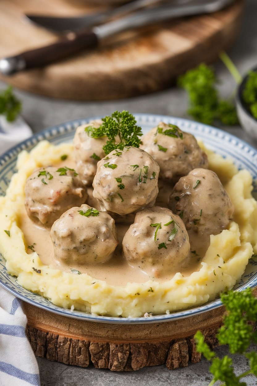 An indoor platter of small Swedish meatballs in creamy gravy, garnished with parsley, mashed potatoes partly visible; photo only, no logos or text.