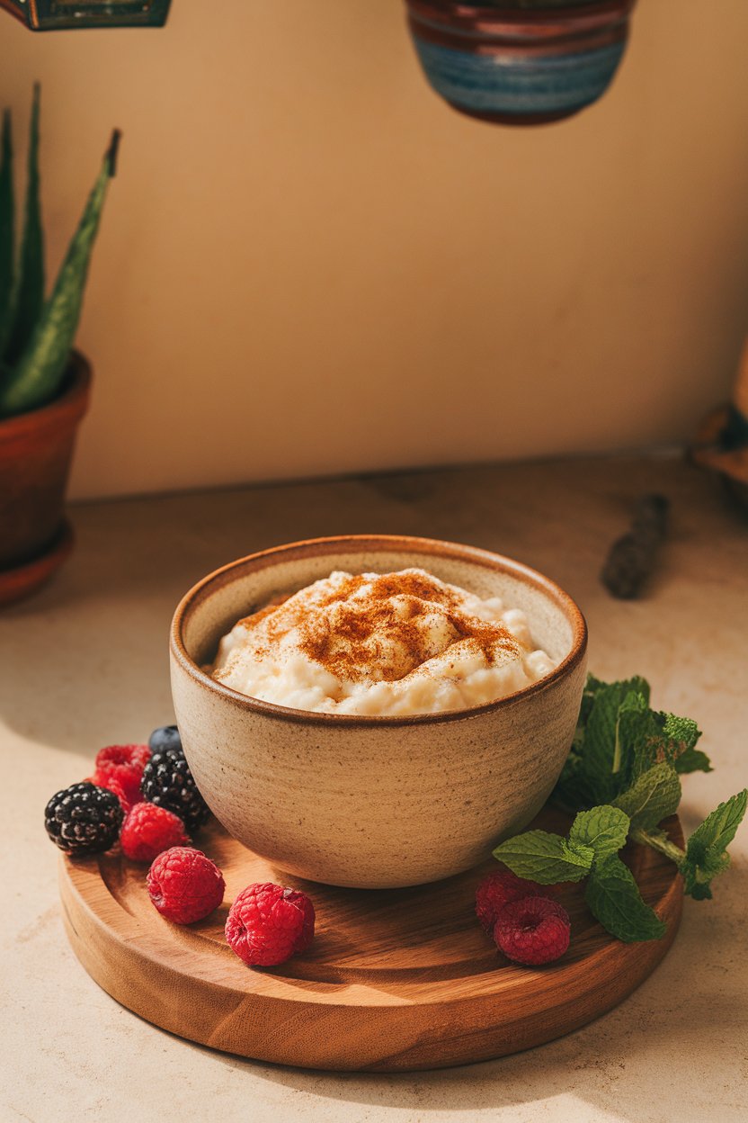Ceramic bowl on indoor countertop filled with creamy rice pudding, cinnamon dusted on top. No text or logos; photo only.