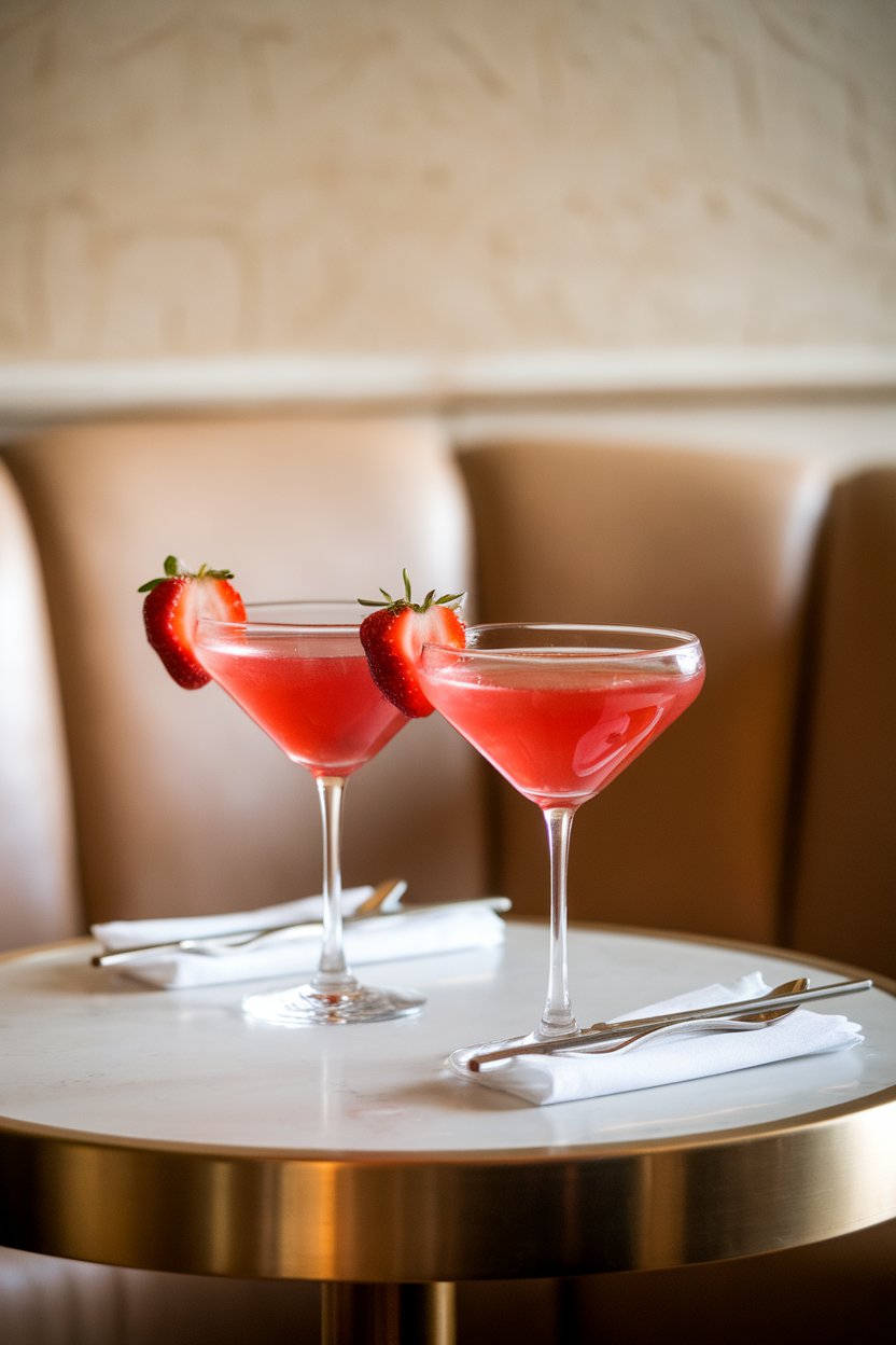 A softly lit indoor lounge table with two stemmed martini glasses filled with bright-pink liquid and heart-shaped strawberry slices on the rim; photo, not illustration; no text or logos.