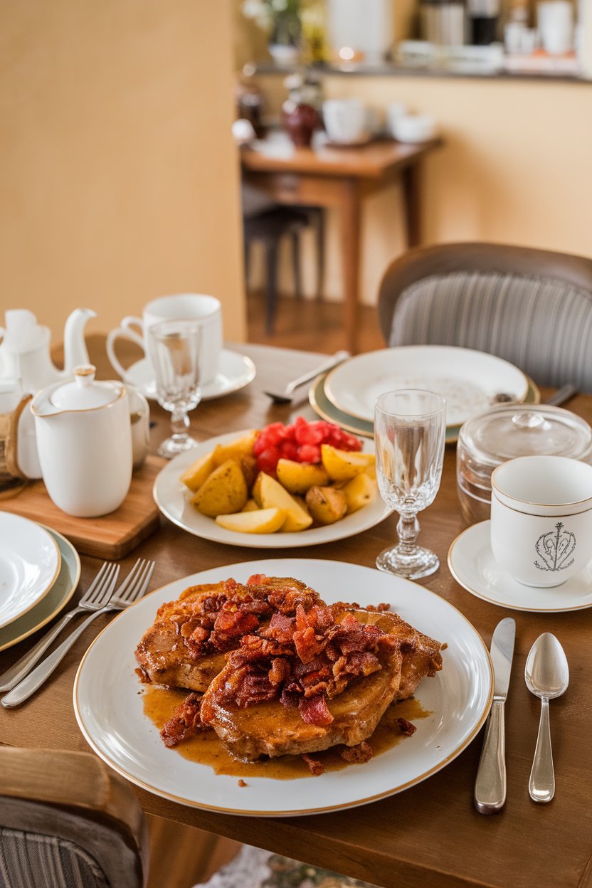 Indoor brunch table with pork chops draped in maple glaze and crisp bacon bits, no text or logos.