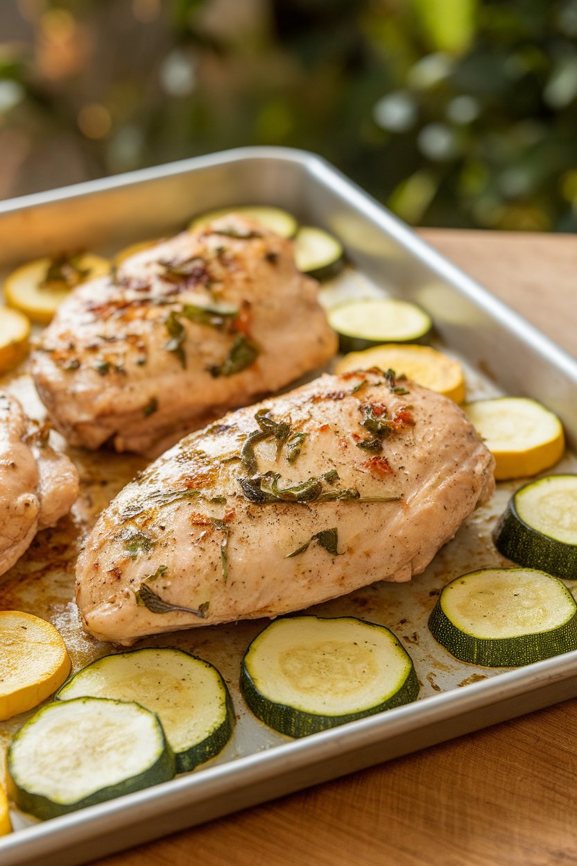 Indoor photo of yogurt-herb marinated chicken breasts, sliced yellow squash and zucchini roasted beside them on a sheet pan. Warm lighting, no text or logos.