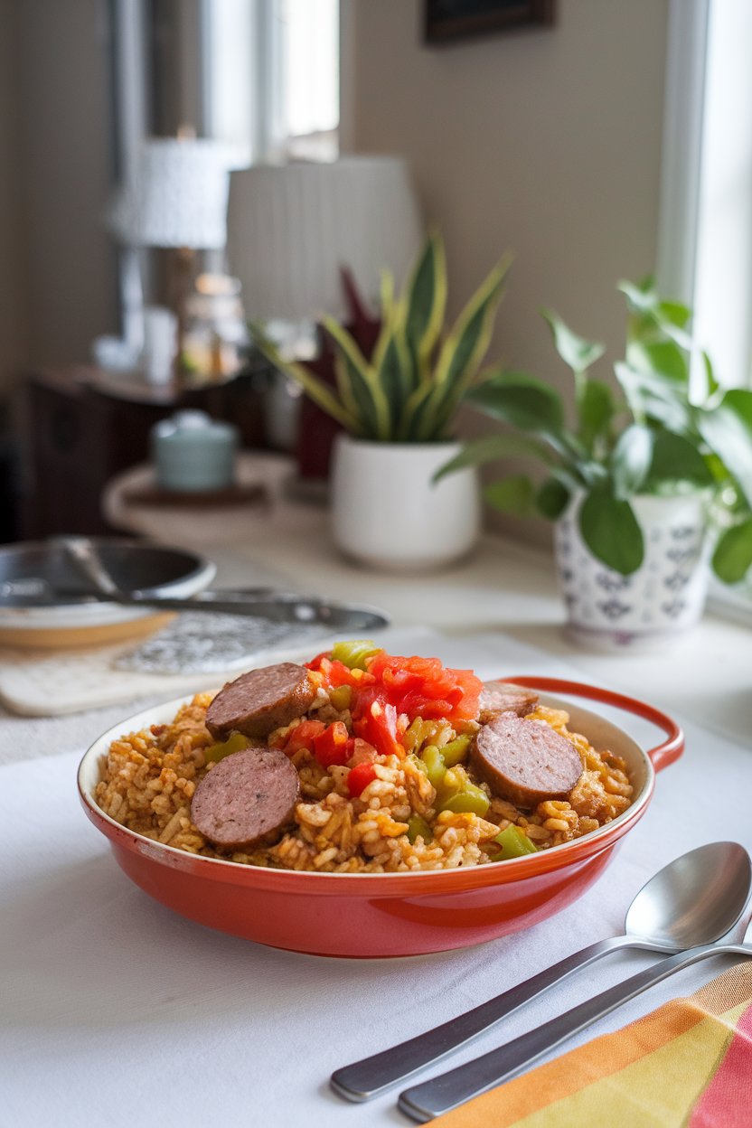 Indoor kitchen table featuring a colorful bowl of jambalaya filled with brown rice, turkey sausage slices, diced tomatoes, and peppers; no text or logos; photo, not illustration.