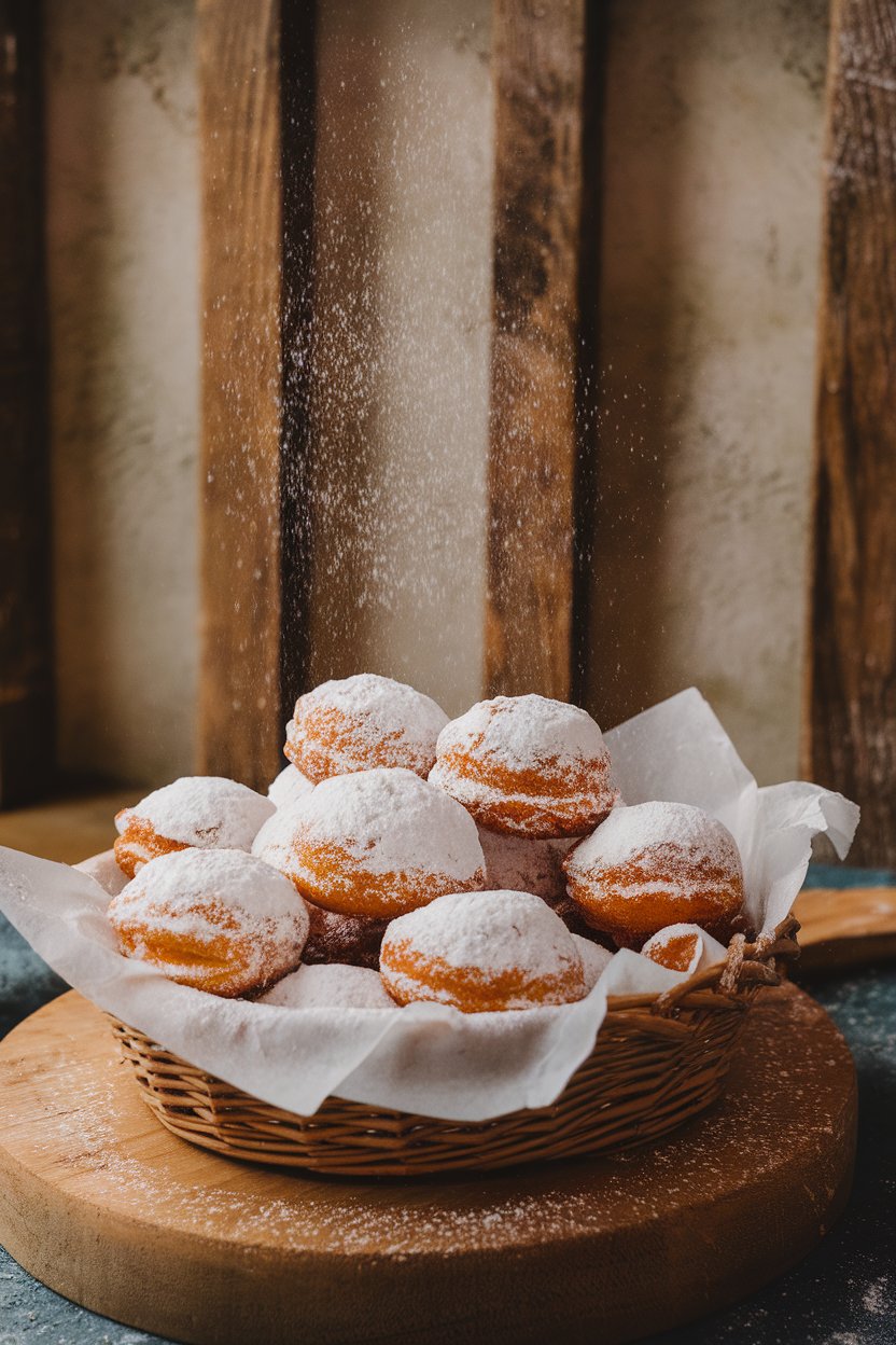 Indoor photo of a basket lined with powdered-sugar-dusted mini beignets, a light dusting of sugar in the air; no text or logos