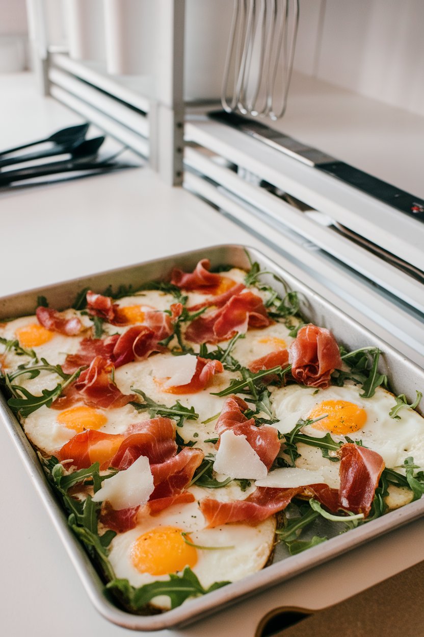 Indoor brunch counter with a sheet pan of baked eggs draped with crisped prosciutto shards and scattered baby arugula, parmesan shavings on top. No text or logos.