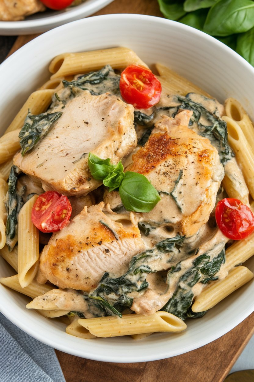 Indoor serving bowl of creamy spinach chicken Florentine over penne. No text or logos.