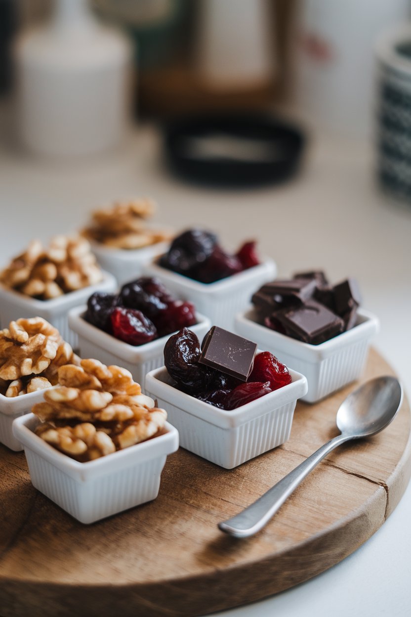 Indoor photo of small snack containers filled with walnut halves, unsweetened dried cherries, and dark chocolate chunks. No text or logos.