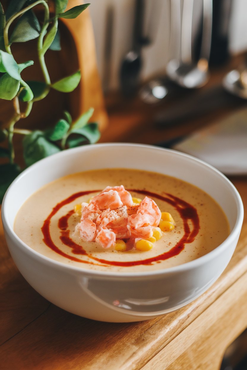 Indoor soup cup filled with creamy crab and corn bisque, a swirl of paprika oil on top. Photo, no text or logos.