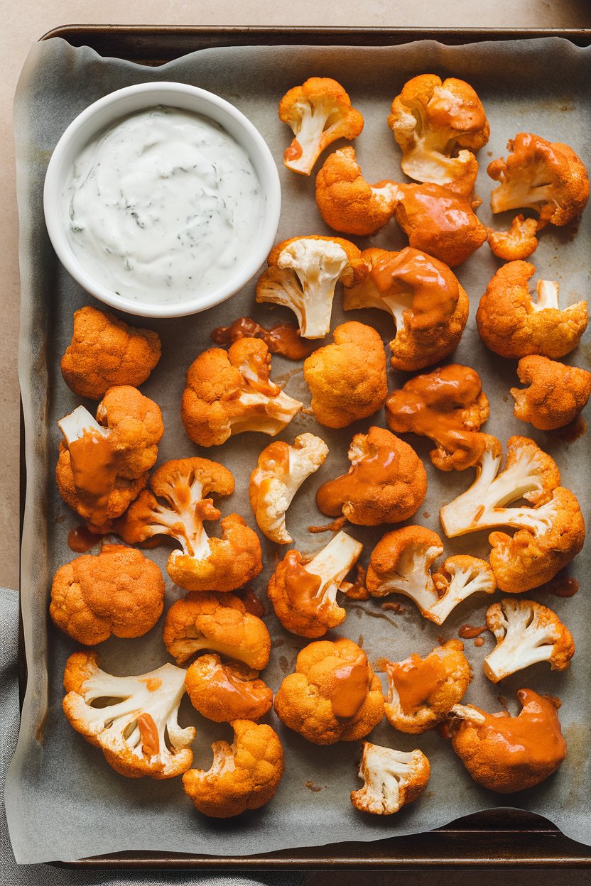 Photo of baked buffalo cauliflower florets on a parchment-lined tray indoors, ranch dip alongside, no text or logos