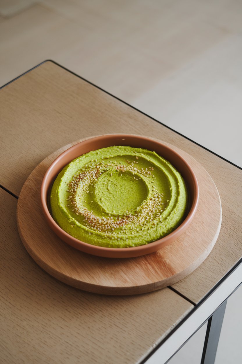 Indoor minimalist table showing a shallow dish of bright green edamame hummus with sesame seeds sprinkled on top. No logos or text.