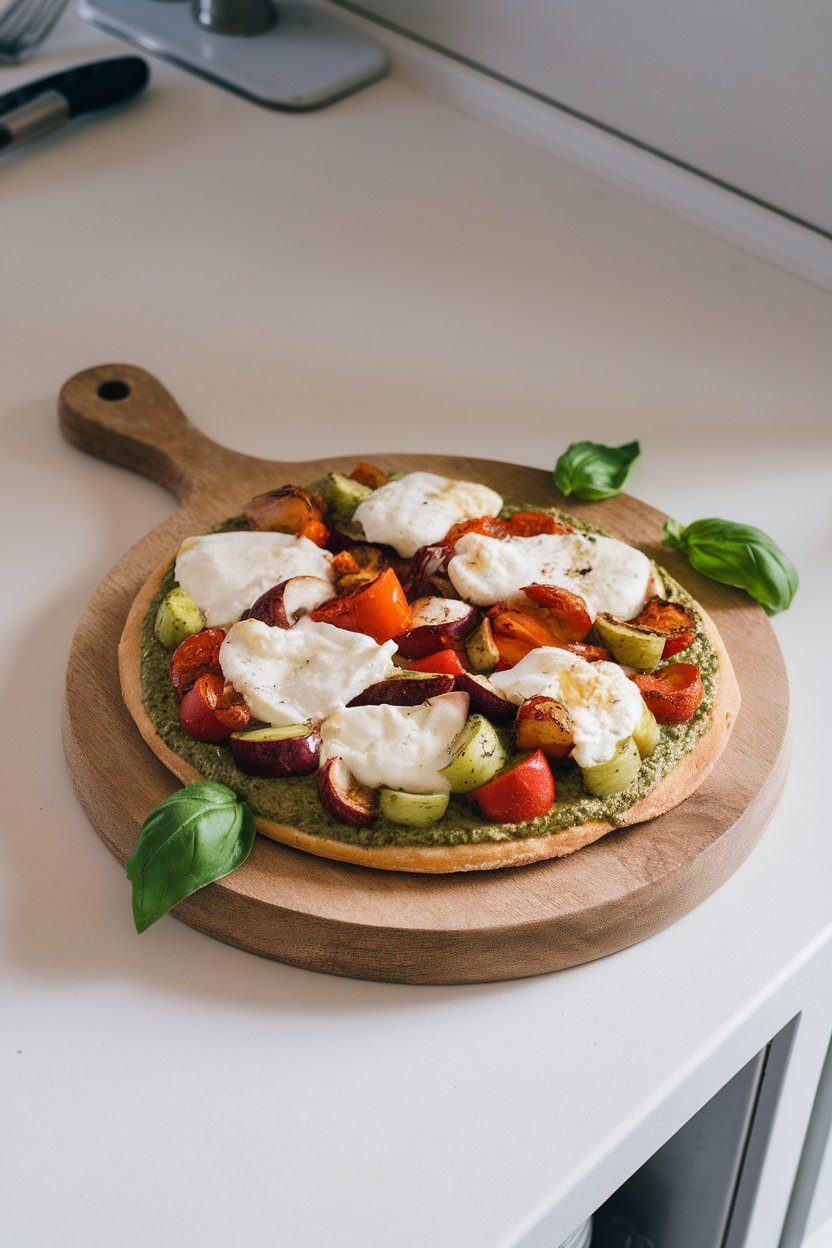 An indoor counter scene with a wooden board holding sliced pesto flatbread topped with roasted vegetables and melted mozzarella. No text or logos. Photo, not illustration.