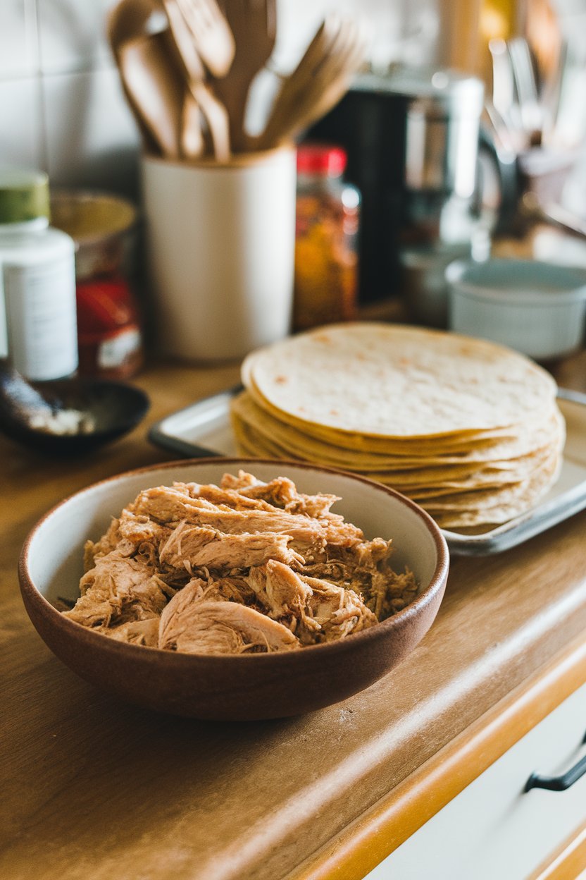 An indoor kitchen counter with shredded salsa verde chicken in a bowl, corn tortillas stacked nearby. No logos or text. Photo.