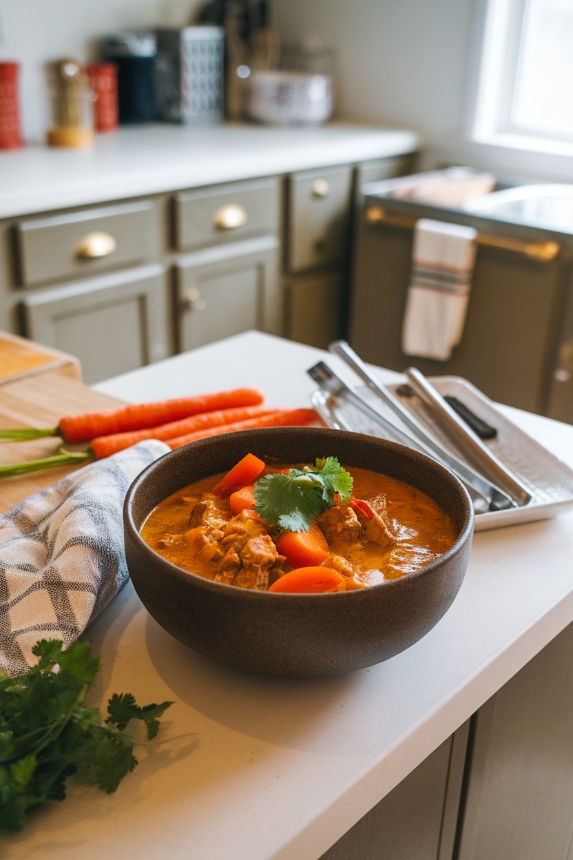 Indoor kitchen island scene featuring a bowl of golden coconut curry beef stew with carrots, bell peppers, and cilantro garnish. No text or logos. Photo.