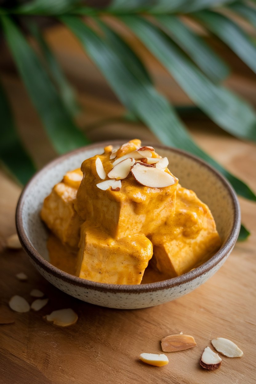 Photo prompt: Indoor small bowl of tofu cubes coated in pale yellow saffron-almond sauce, slivered almonds sprinkled. No text or logos.