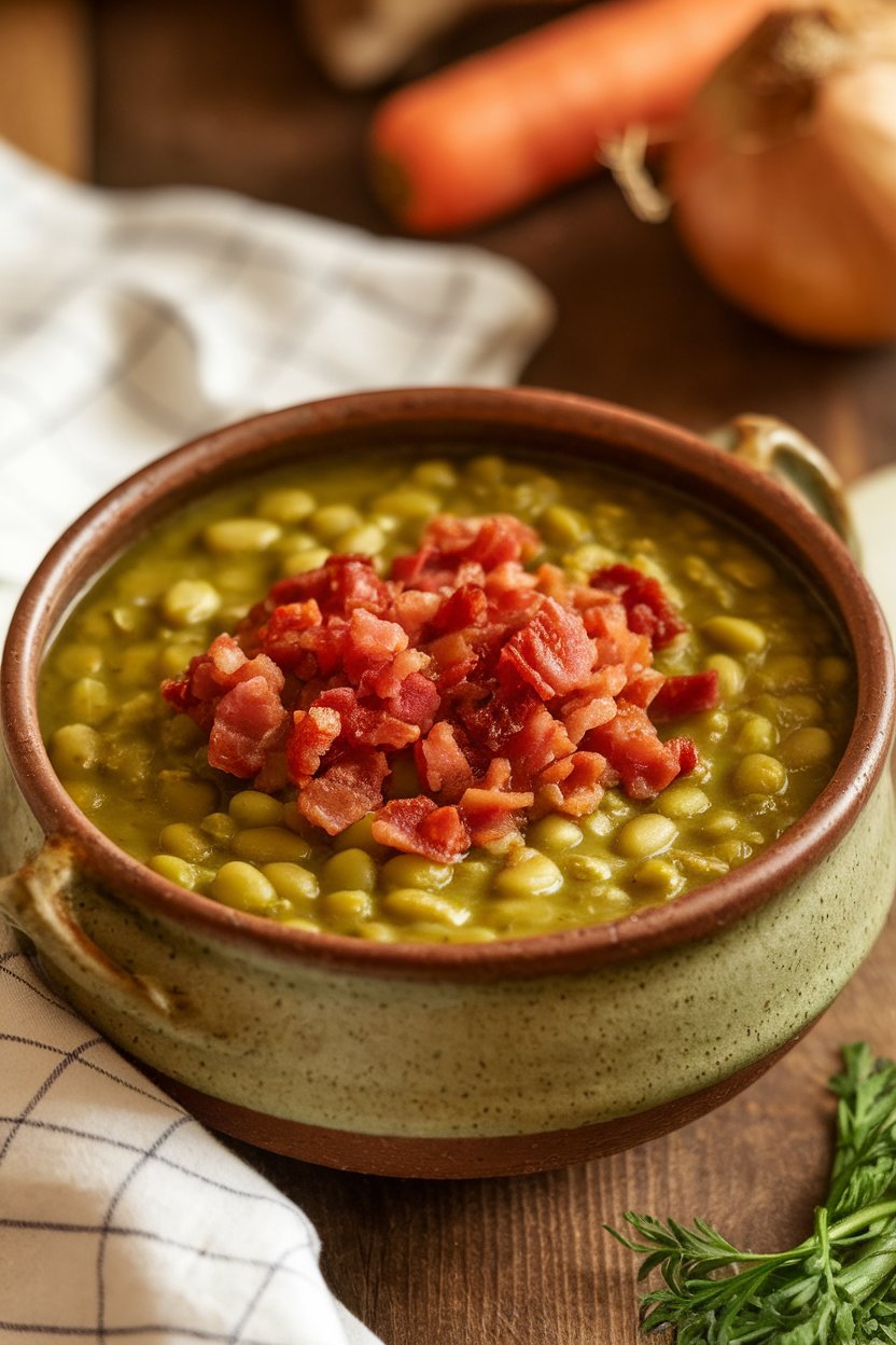 Indoor soup bowl of hearty green split pea soup topped with crisp crumbled turkey bacon; no text or logos; photo.</Prompt