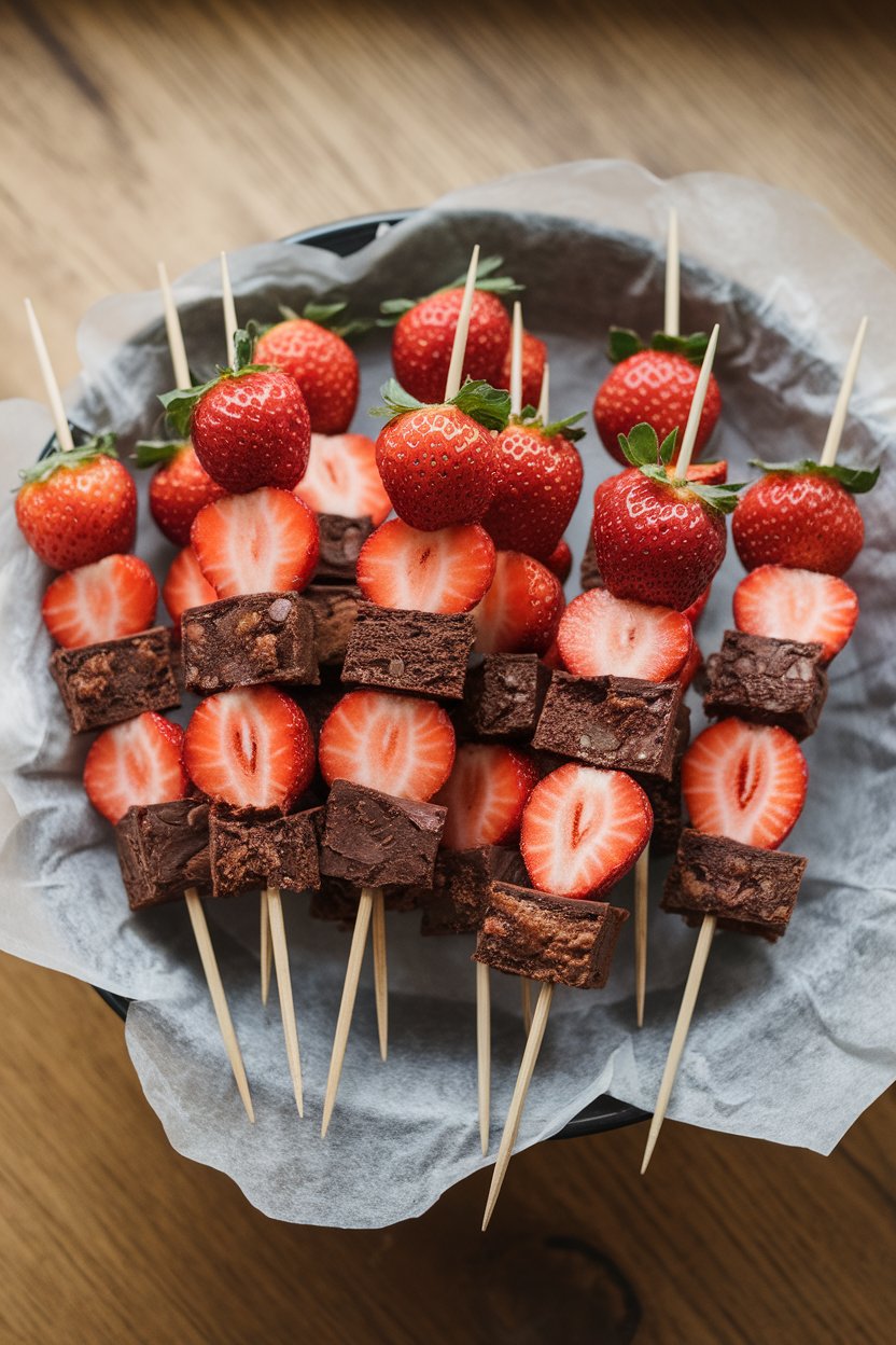 Skewers alternating chocolate brownie cubes and fresh strawberry halves, resting on an indoor platter lined with parchment. No visible text or logos.