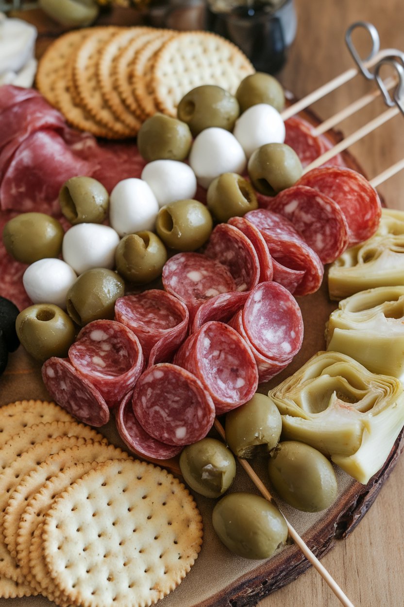 An indoor charcuterie board with skewers of salami, mozzarella pearls, olives, and artichoke hearts; no branding or text.