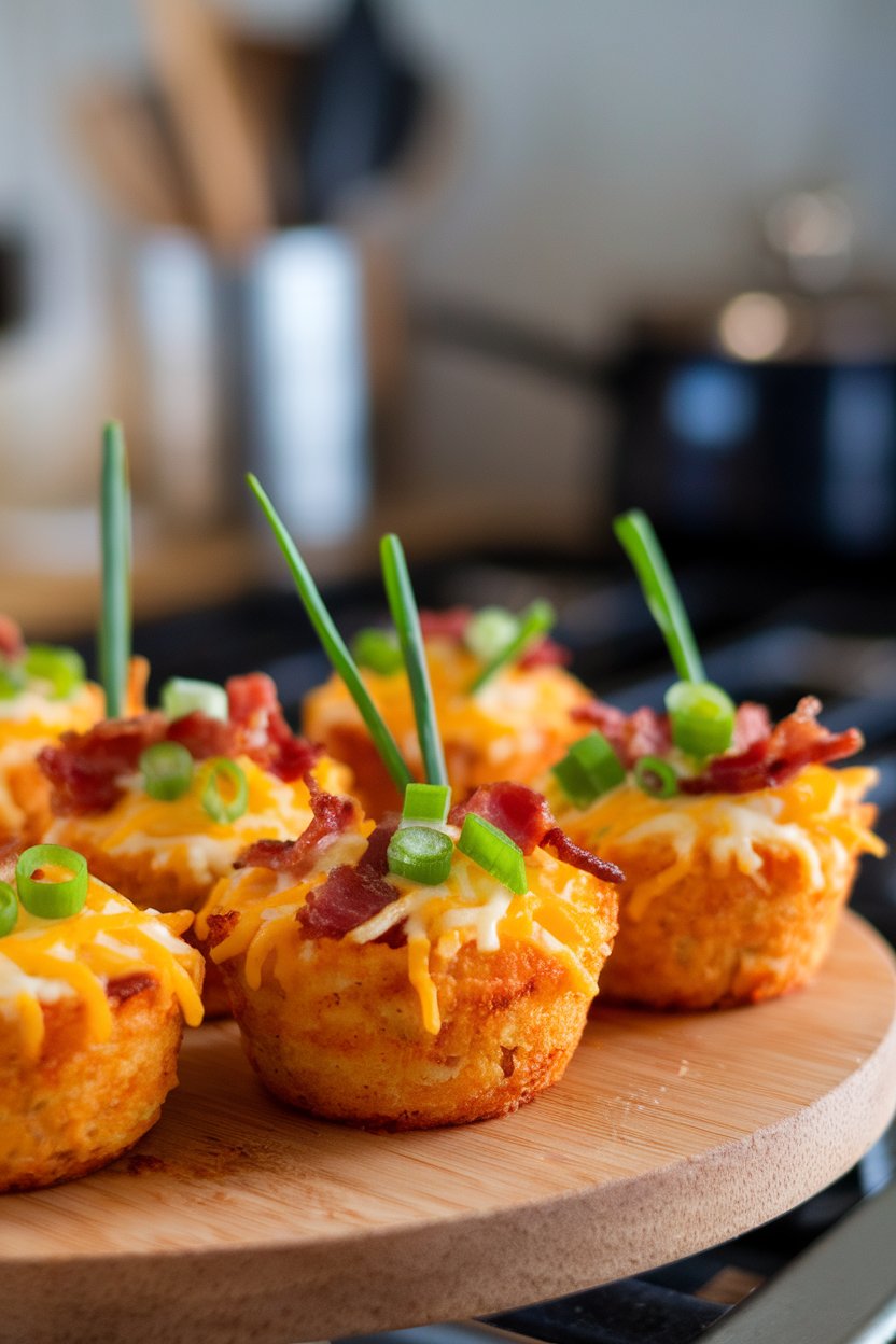 Indoor photo of muffin-tin tater tot cups filled with cheese, bacon, and green onions, placed on a wooden board. No text or logos.