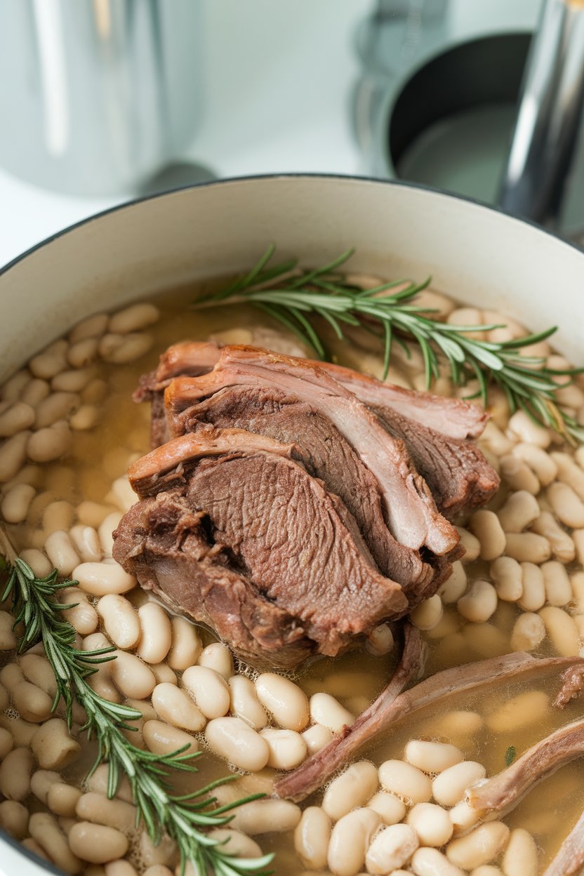 Indoor photo of short ribs nestled among cannellini beans and rosemary in light broth; no text or logos
