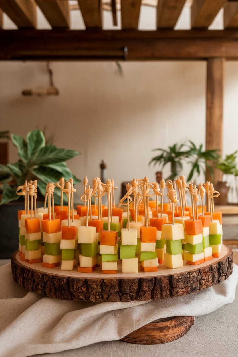 An indoor platter of toothpick skewers alternating green apple cubes and sharp cheddar. No text or logos.