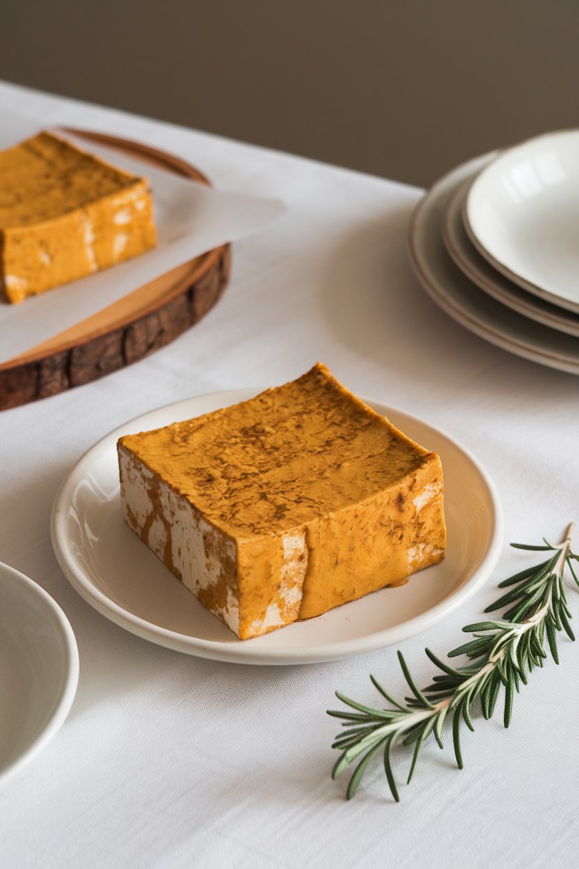 Photo prompt: Indoor dining table showing tofu slabs brushed with golden mustard-maple glaze, rosemary sprig on the side. No text or logos.