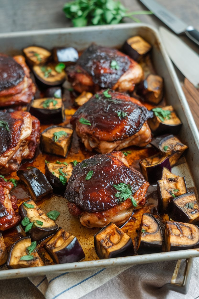 Indoor photo of hoisin-glazed chicken thighs shiny and dark, eggplant cubes browned beside them on a sheet pan. No text or logos.