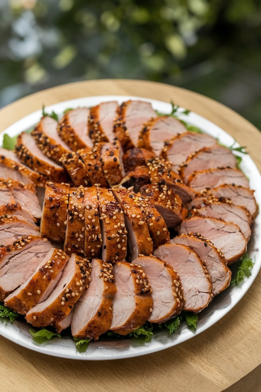 Indoor platter with sliced pork tenderloin coated in soy-garlic glaze, sesame seeds sprinkled on top. No text or logos.