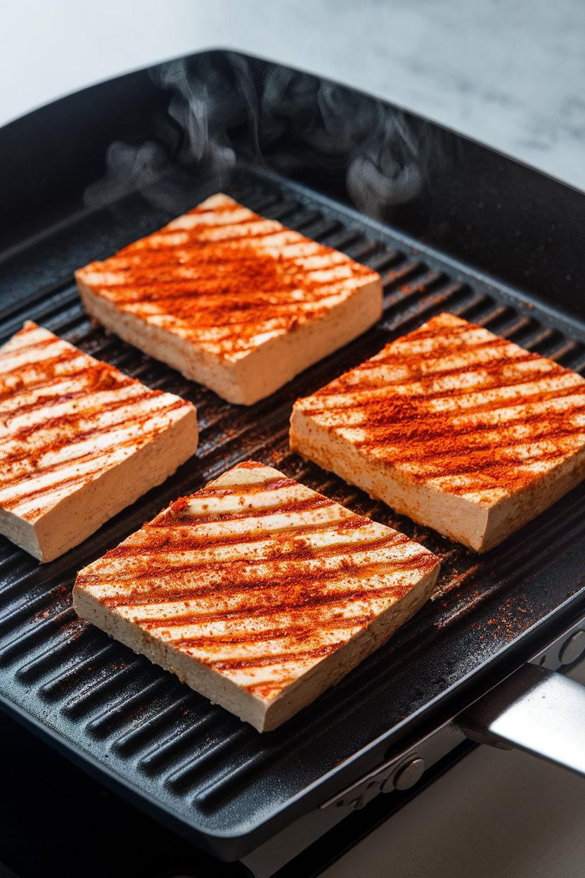 Photo prompt: Indoor grill pan with tofu slabs dusted in reddish Cajun spices, faint wisps of steam. No text or logos.