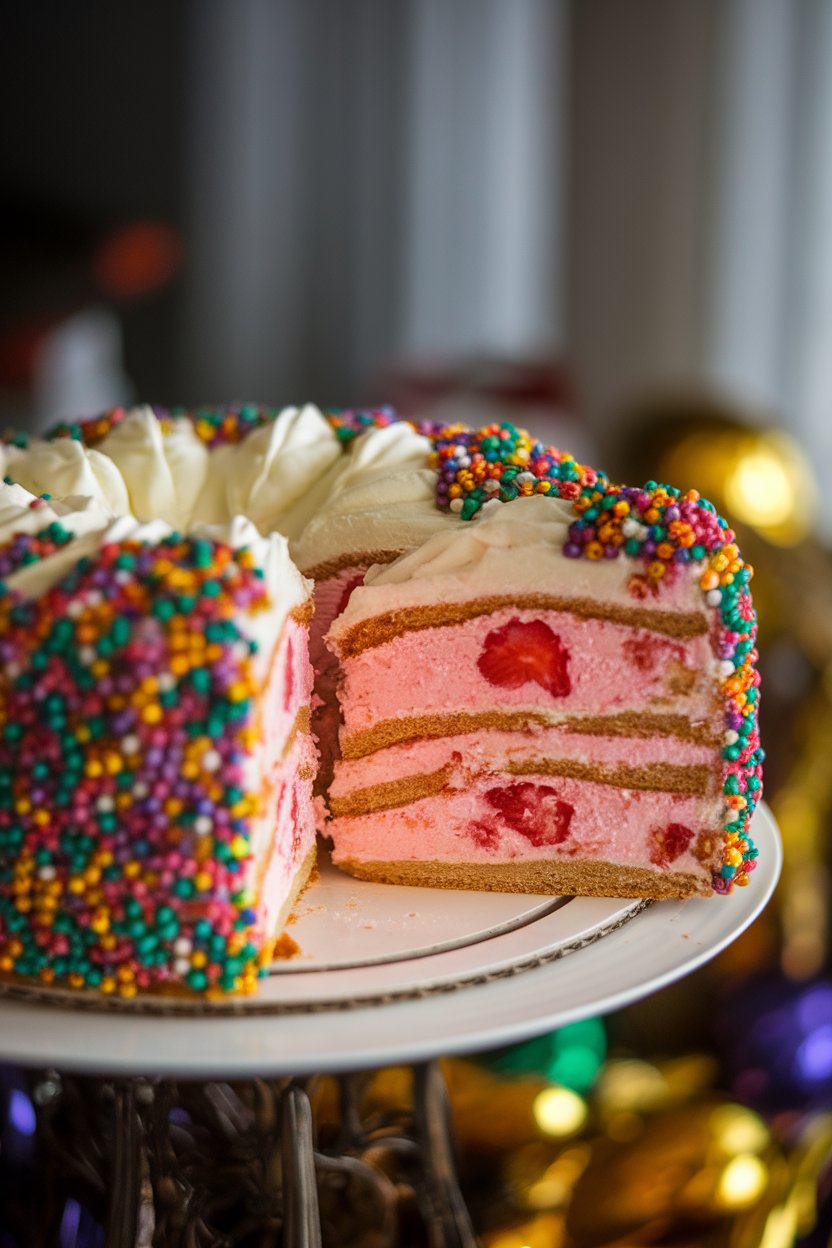 Indoor shot of a king cake sliced to reveal pink strawberry-cream filling; white plate underneath; no text or logos.