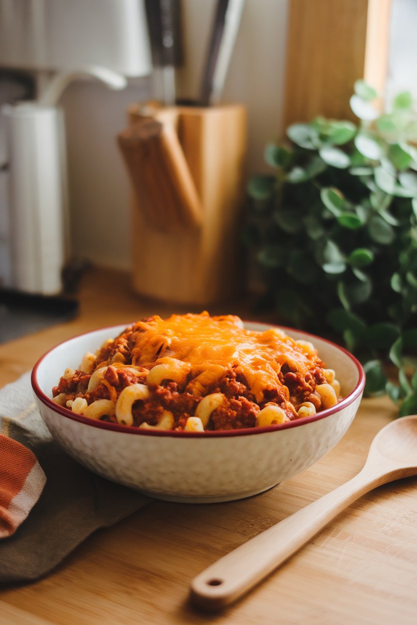 An indoor kitchen scene with a bowl of chili mac, elbow pasta visible among meaty chili and melted cheese. No text or logos.