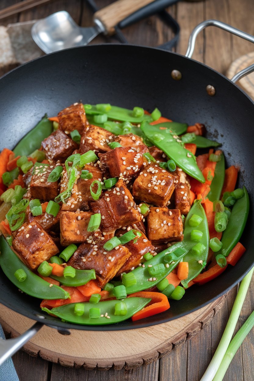 Indoor wok holding browned tempeh cubes, snap peas, carrots, and bell peppers coated in sesame-ginger glaze. No text or logos visible.