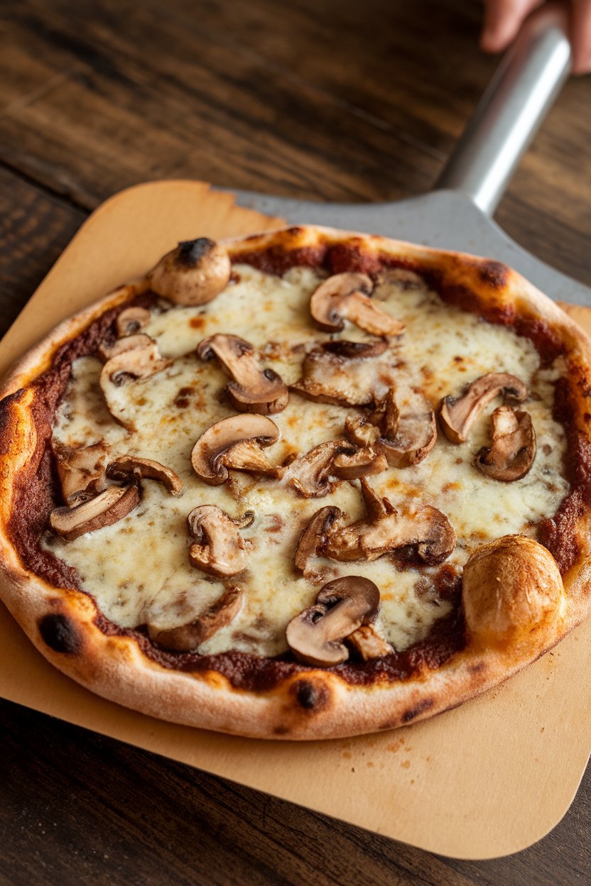 An indoor pizza peel holding a freshly baked mushroom pizza with black garlic purée base and melted fontina cheese. No text or logos. Photo, not illustration.