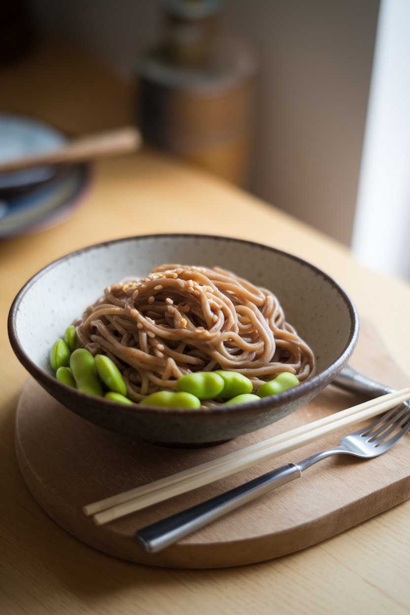 A softly lit indoor table showing a bowl of buckwheat soba noodles tossed in sesame-ginger sauce with bright green edamame. No text or logos. Photo, not illustration.