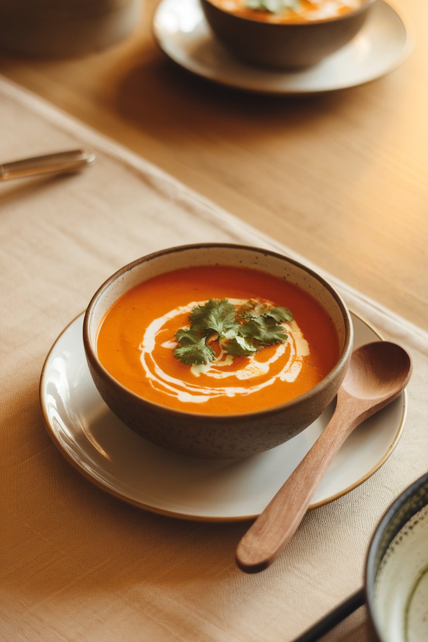 An indoor table with a bowl of vibrant orange sweet potato curry soup topped with coconut cream swirl and cilantro. No logos or text. Photo.
