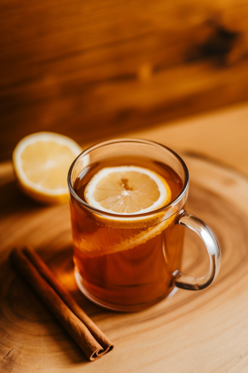 Warm indoor mug photo with amber drink, lemon wheel floating, and cinnamon stick; no text or logos.
