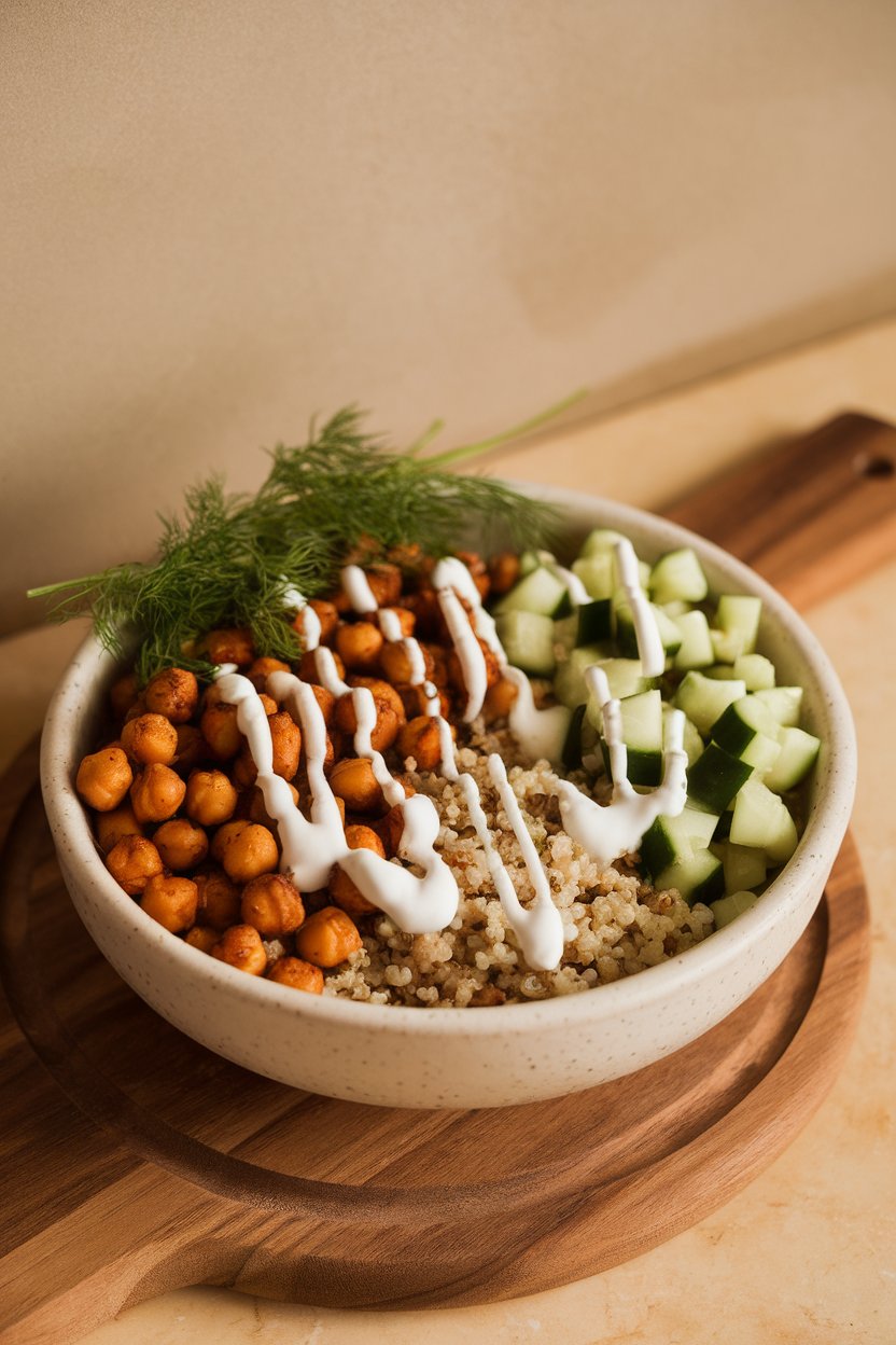 Photo of a bowl containing roasted chickpeas, quinoa, diced cucumber, and a drizzle of yogurt sauce, indoor lighting. No text or logos.