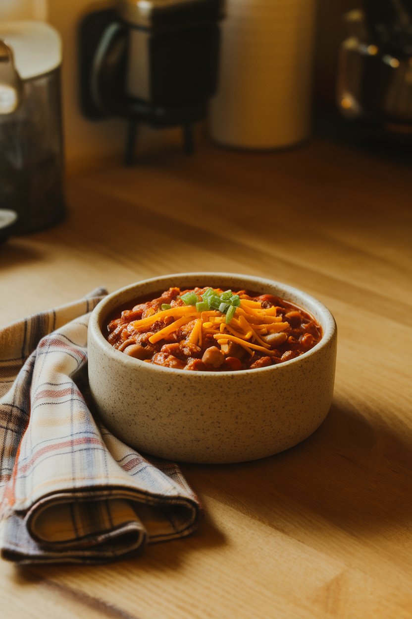 A warmly lit indoor kitchen table with a stoneware bowl of chunky beef and pinto bean chili, topped with shredded cheddar and a sprinkle of green onion. A folded plaid napkin sits nearby. No text or logos in the scene.